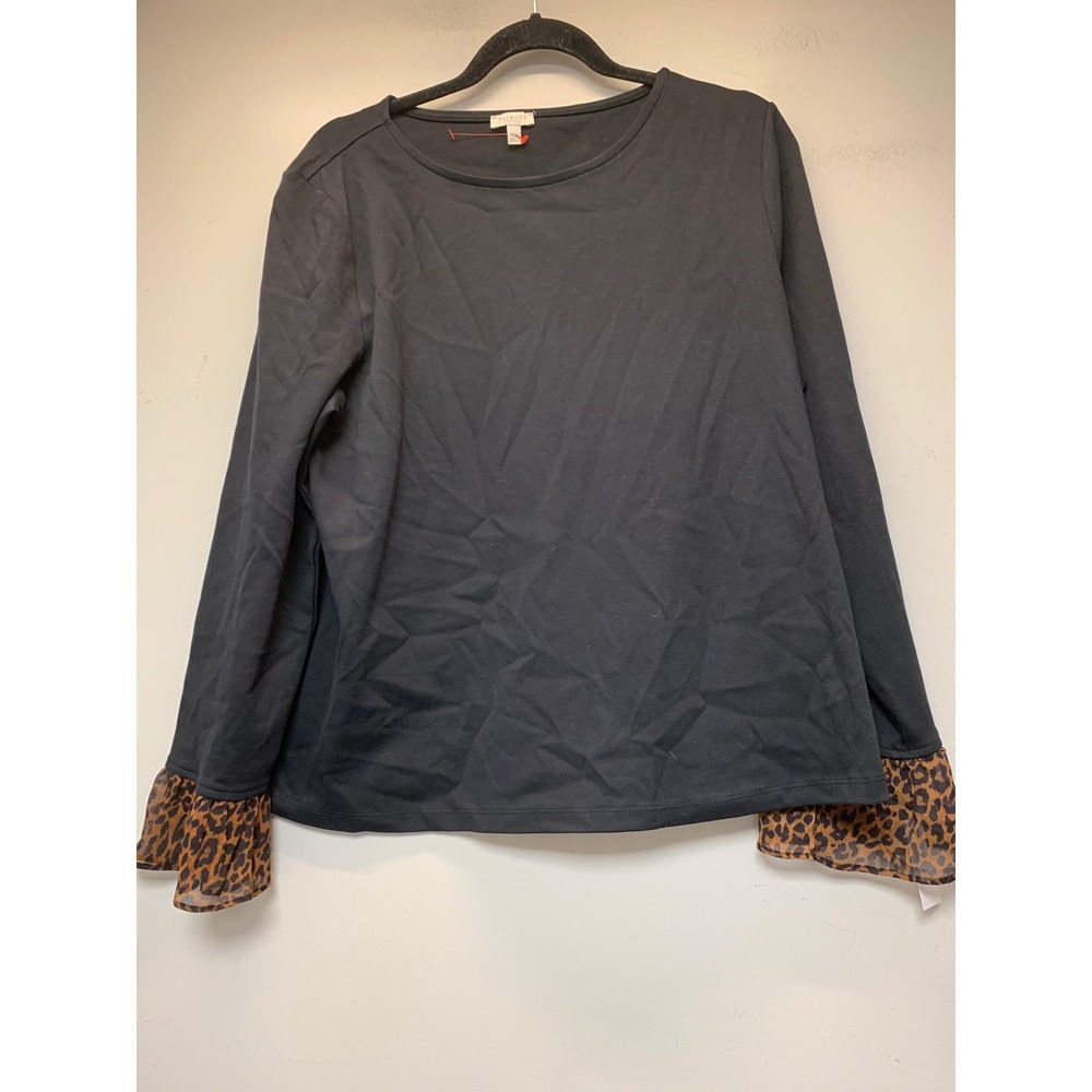 Talbots Top Womens‎ XL Petite Black Excellent Leopard Print Ruffle Cuff Cotton